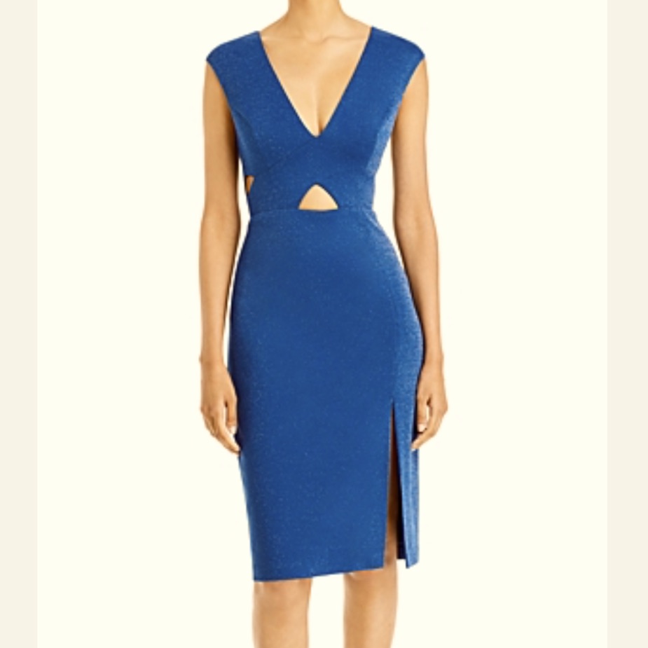 Nwt Aidan Mattox Metallic V-Neck Crisscross Midi Dress In Vivid Wave - 12